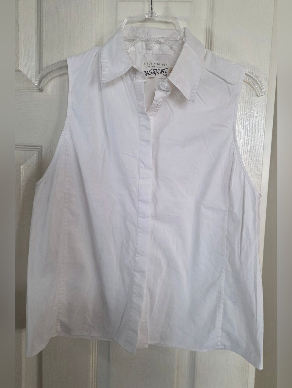 ALICE OLIVIA BASQUIAT White Sleeveless Button Collared Shirt Medium